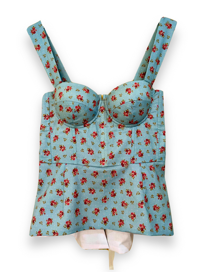 MARTINA Sleeveless Floral Peplum Corset Top in Blue with Roses