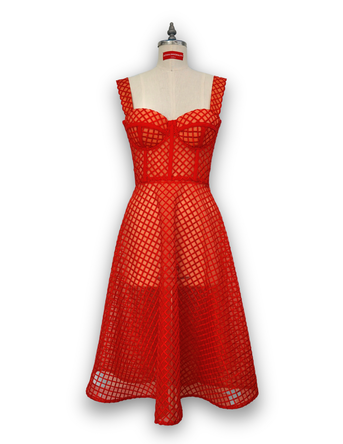 CECILIA Midi Dress in Red with Square Pattern