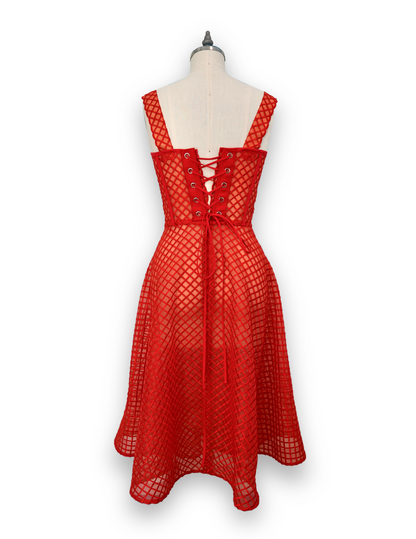 CECILIA Midi Dress in Red with Square Pattern