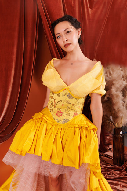 LOLA Underbust Corset Top in Yellow with Royal Gold and Red Pattern