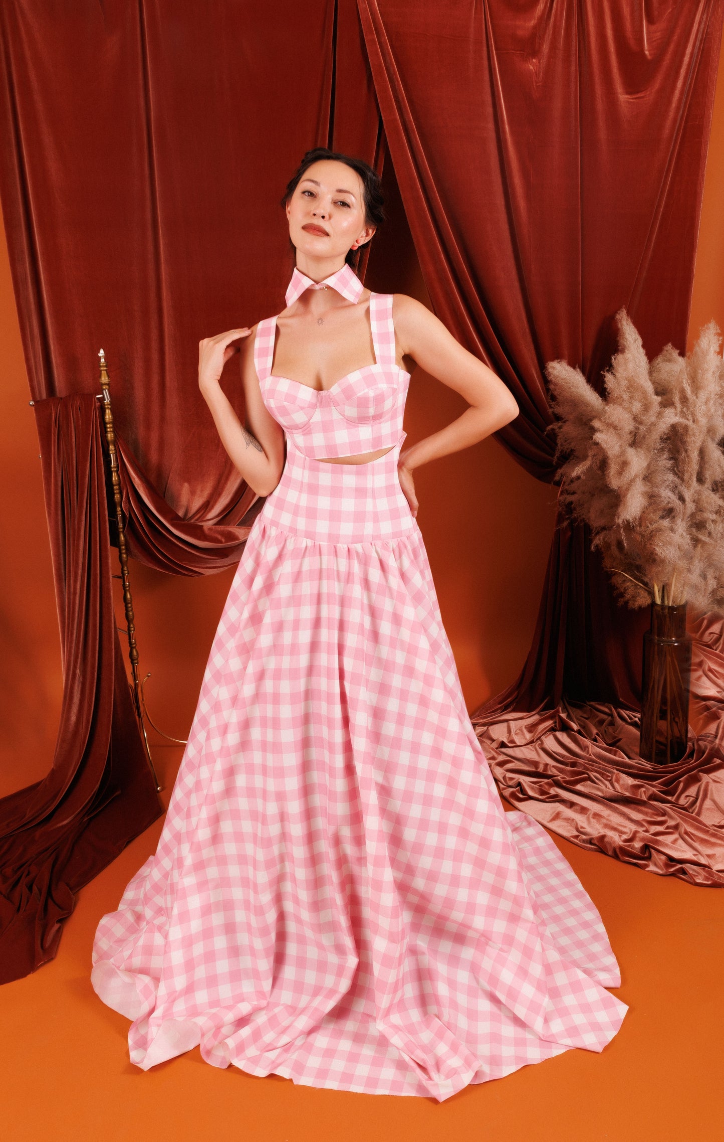 EMMA Maxi 3-Piece Corseted Set in Light Pink with Square Pattern