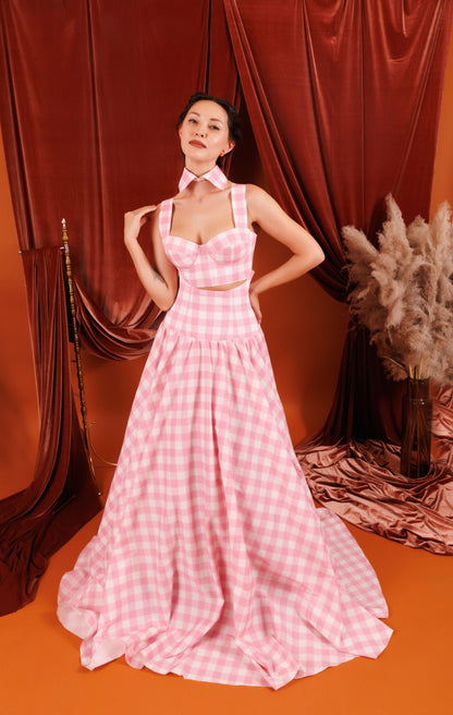 EMMA Maxi 3-Piece Corseted Set in Light Pink with Square Pattern