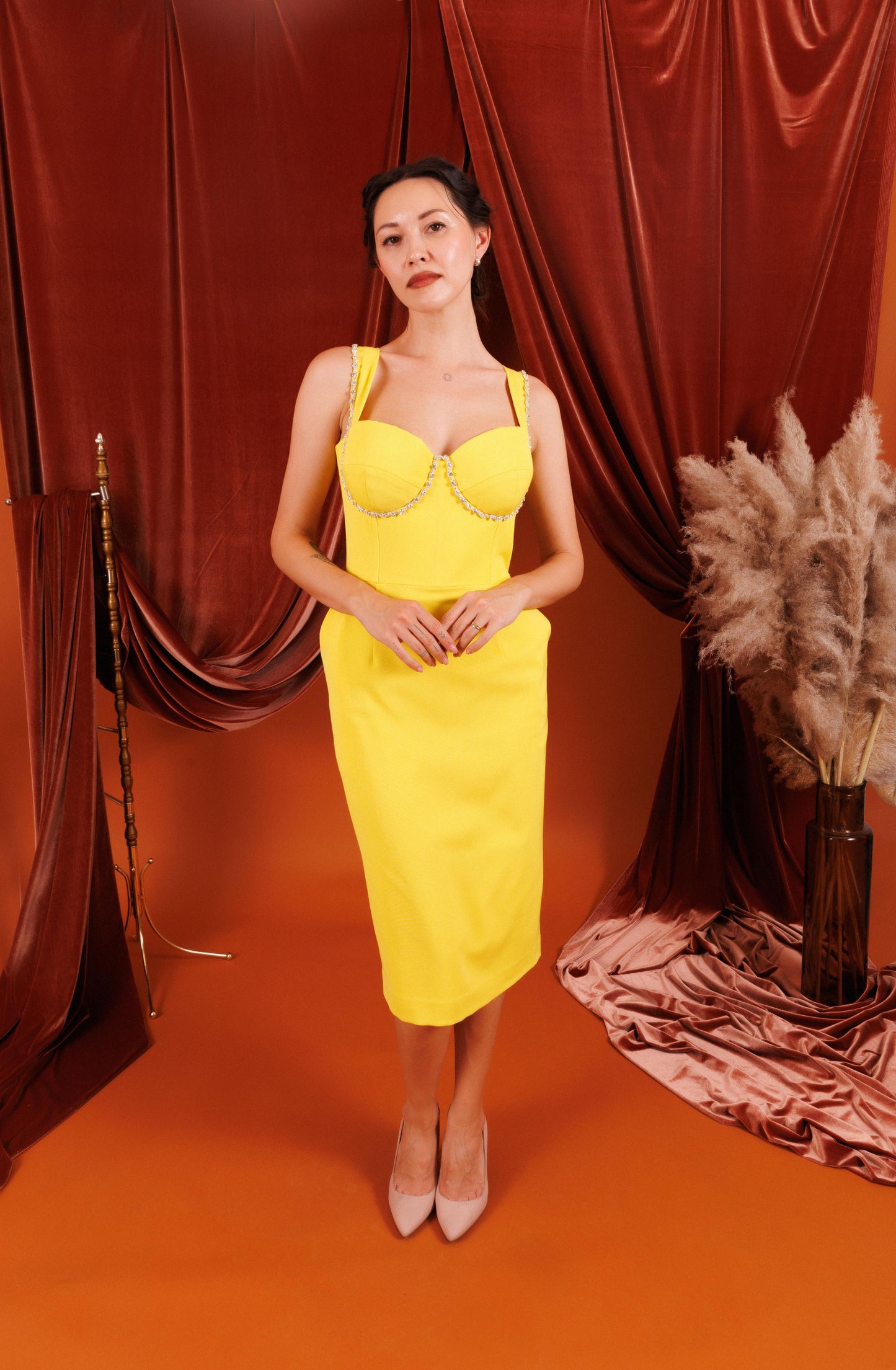 BIANCA Midi Dress with Pencil Skirt and Pockets in Yellow with Crystals