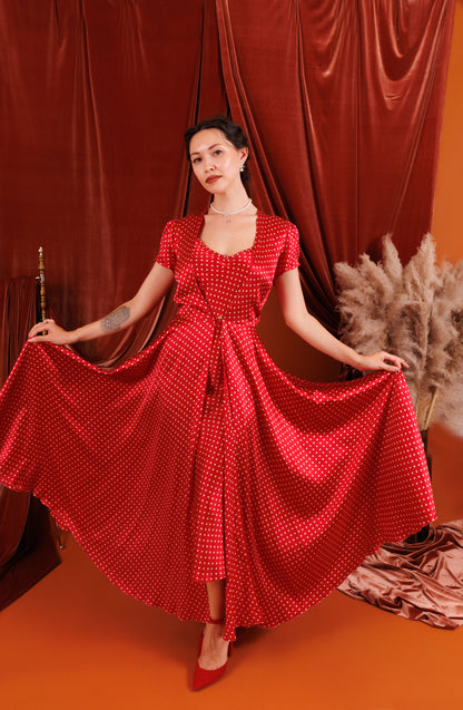 AVA Maxi Silk Duster in Red with Polka Dot