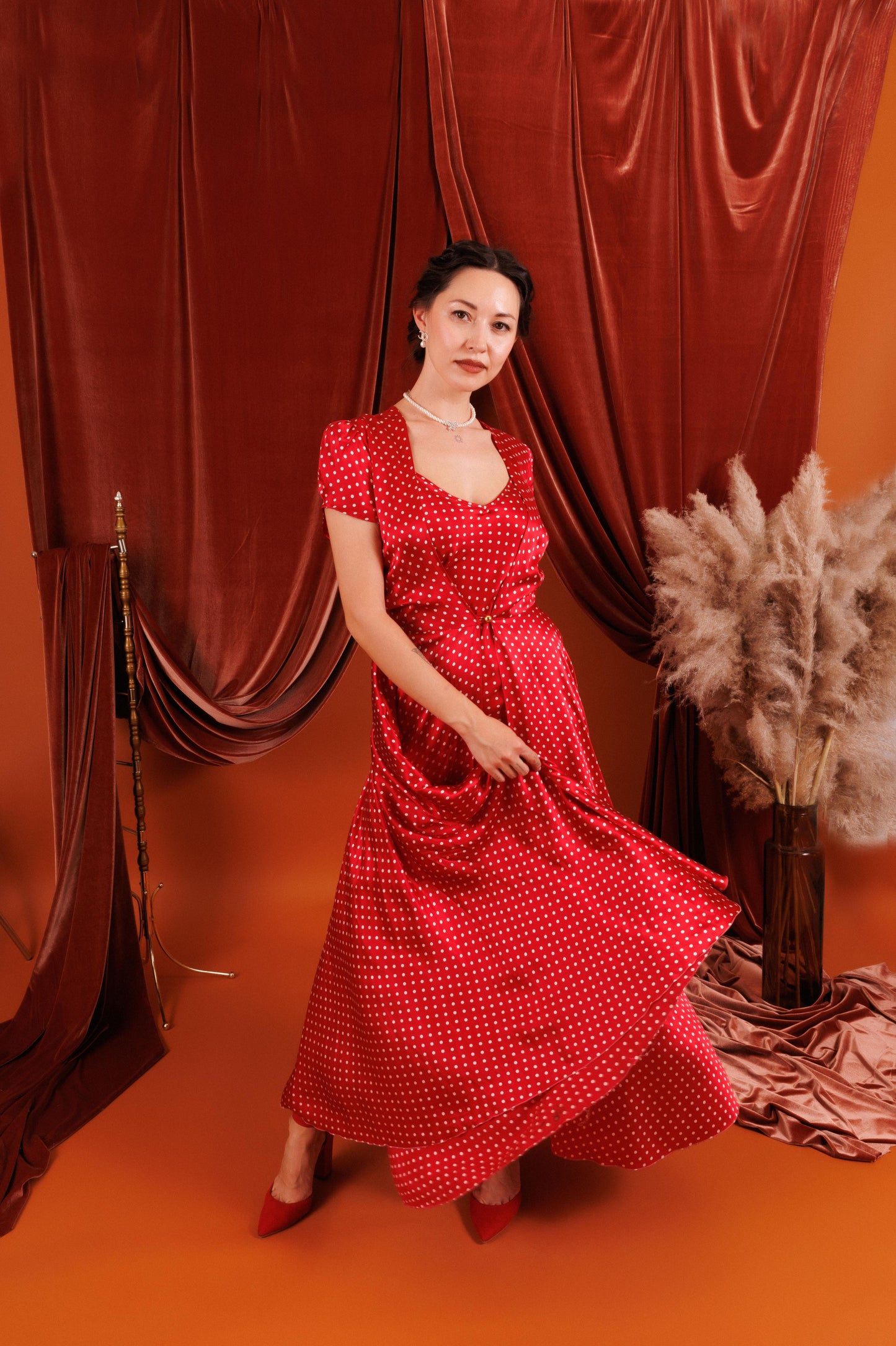 AVA Maxi Silk Duster in Red with Polka Dot