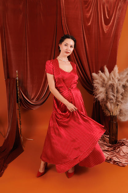 AVA Maxi Silk Duster in Red with Polka Dot