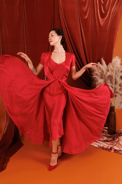 AVA Maxi Silk Duster in Red with Polka Dot