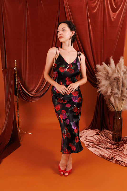 VIVIENNE Midi Slip Dress in Black with Red Roses