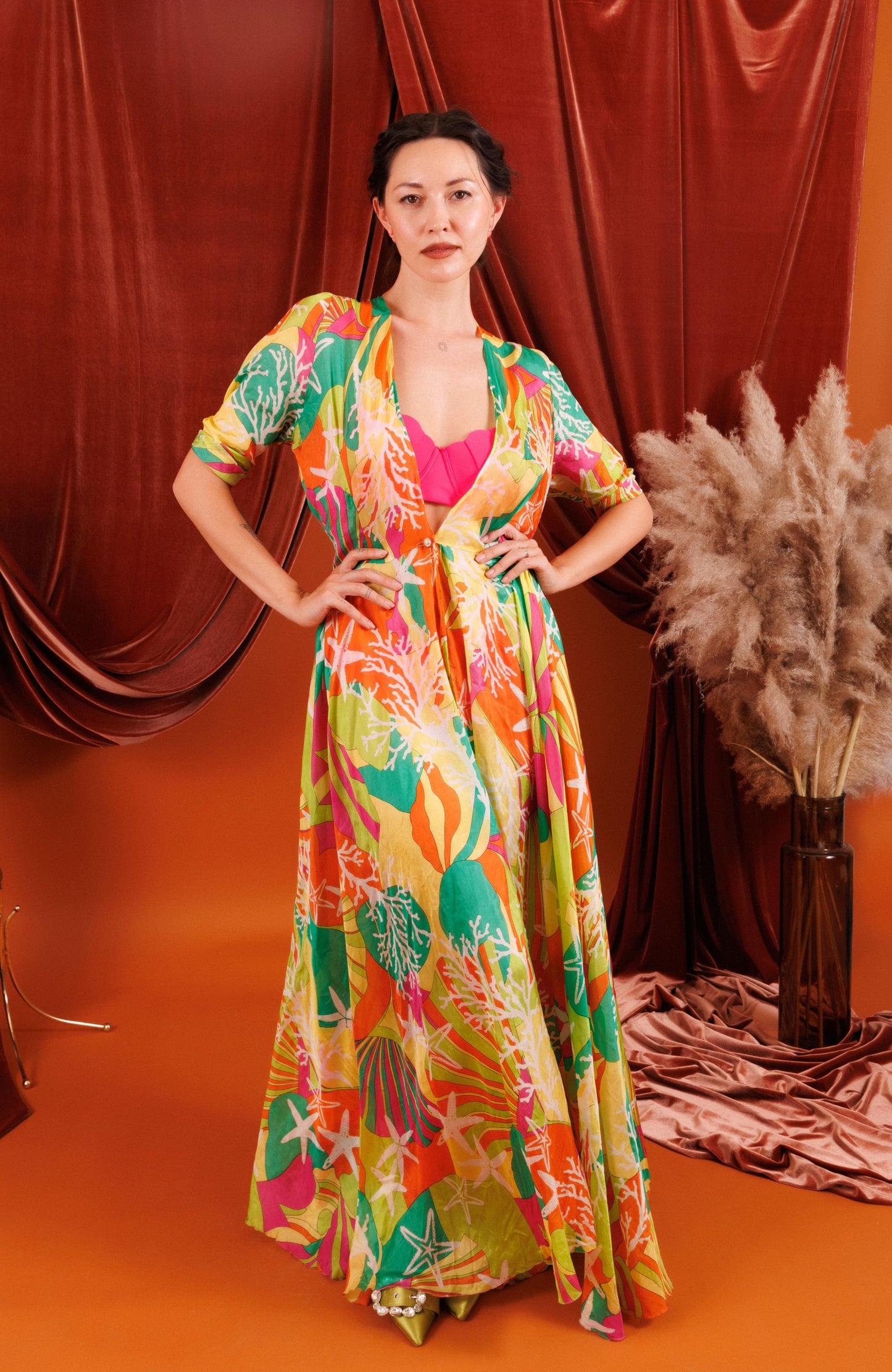 ZURIE Maxi Duster with Tropical Pattern