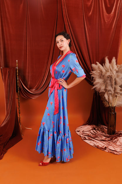 VICTORIA Maxi Duster in Blue with Pink Flowers