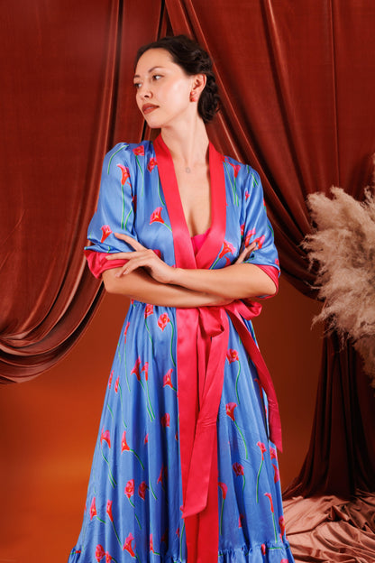 VICTORIA Maxi Duster in Blue with Pink Flowers