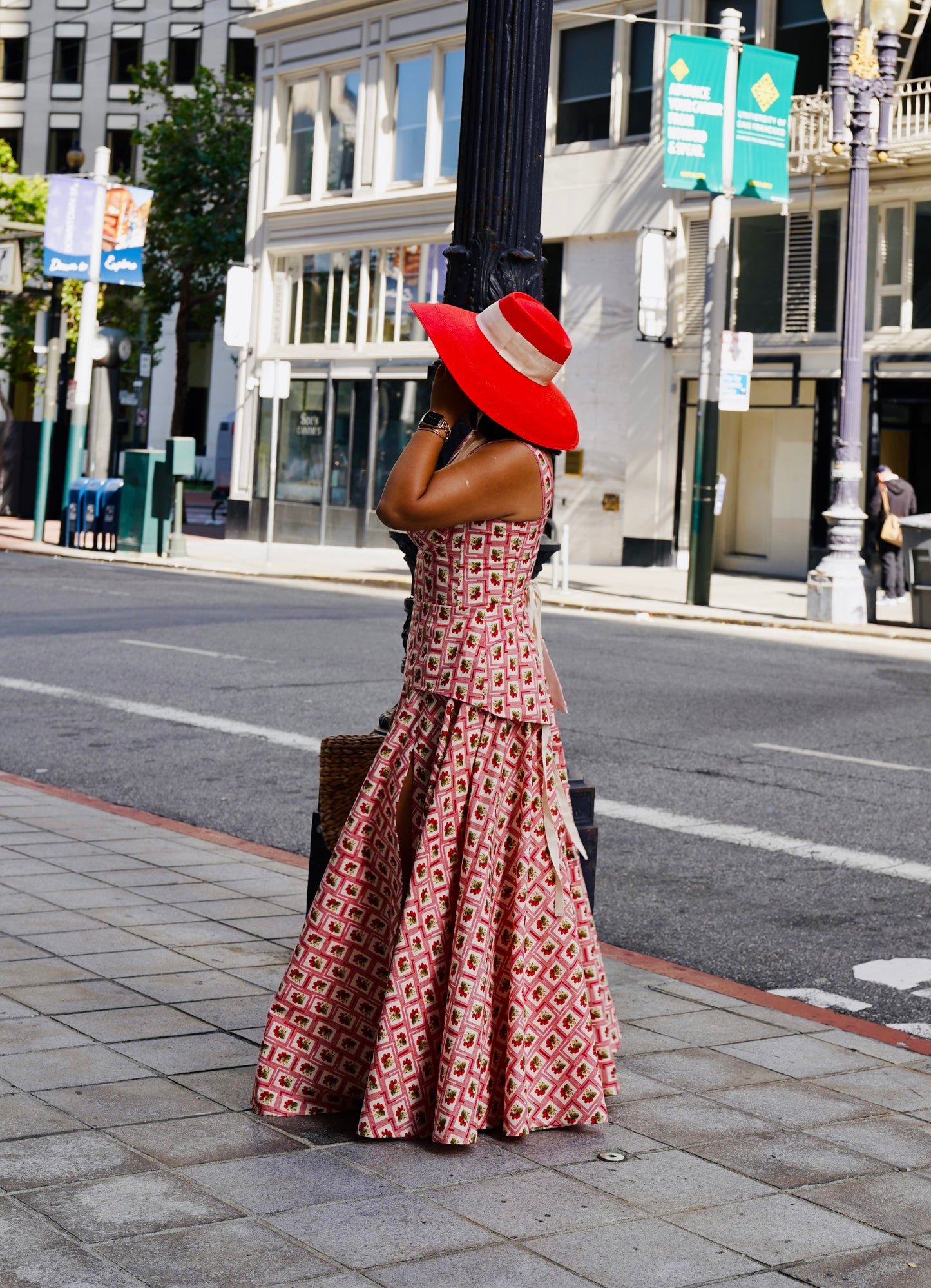 MARTINA Maxi Skirt in White with Floral Square Pattern