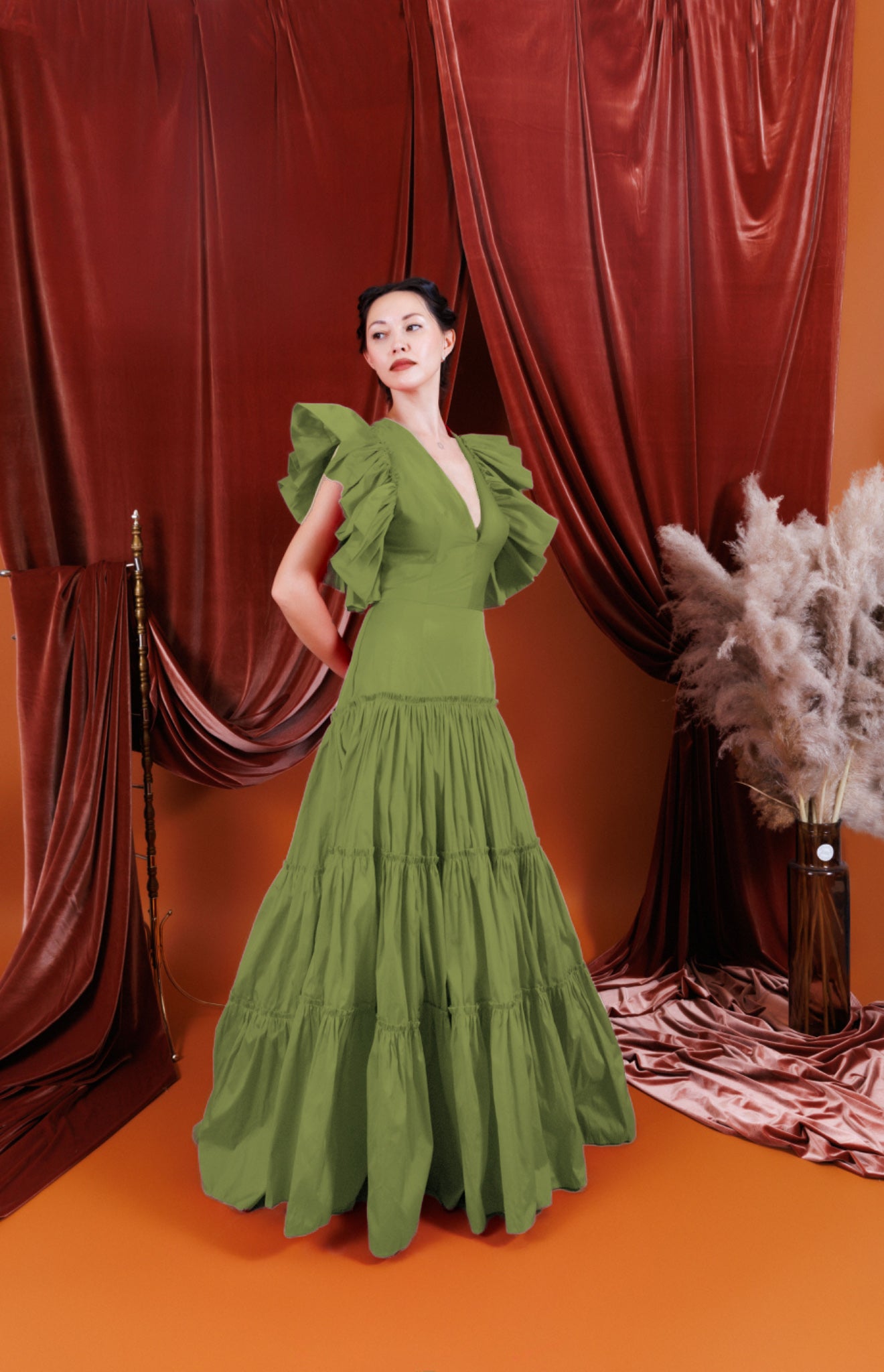 CAMILA V-Neck Dress Maxi with Ruffled Sleeves