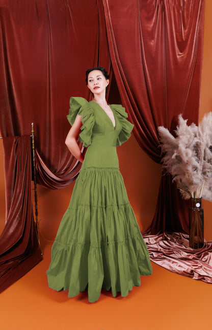 CAMILA V-Neck Dress Maxi with Ruffled Sleeves
