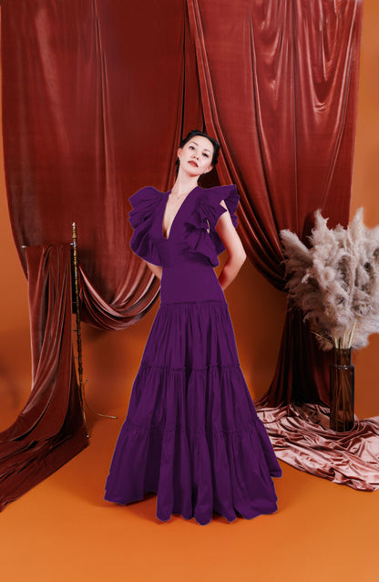 CAMILA V-Neck Dress Maxi with Ruffled Sleeves